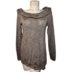 White House Black Market Womens Cowl Neck Metallic Knit Sweater Marled Grey L
